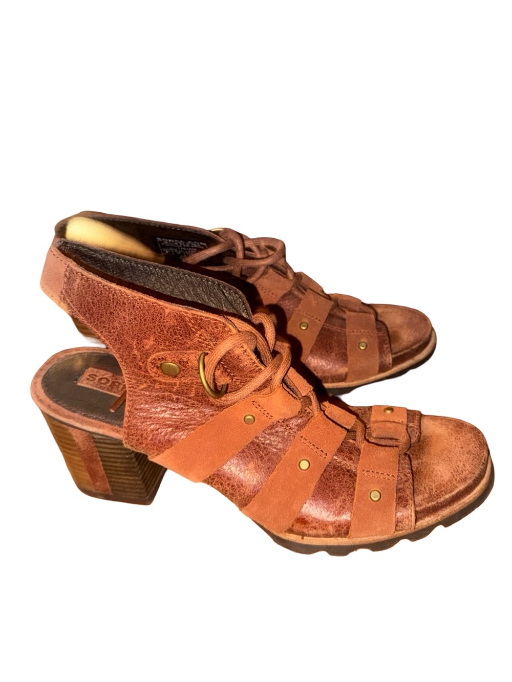 Sorel Sandals Womens Orange Brown Addington Leather Lace Up size 9